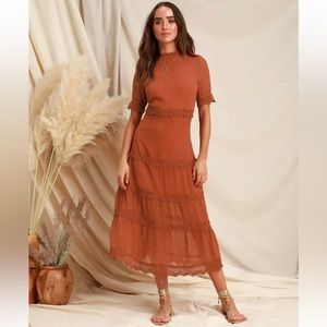 Rust Orange Swiss Dot Midi Dress